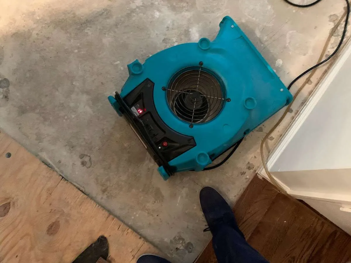 Air mover drying subfloor during Commercial Water Damage Restoration in Greenfield